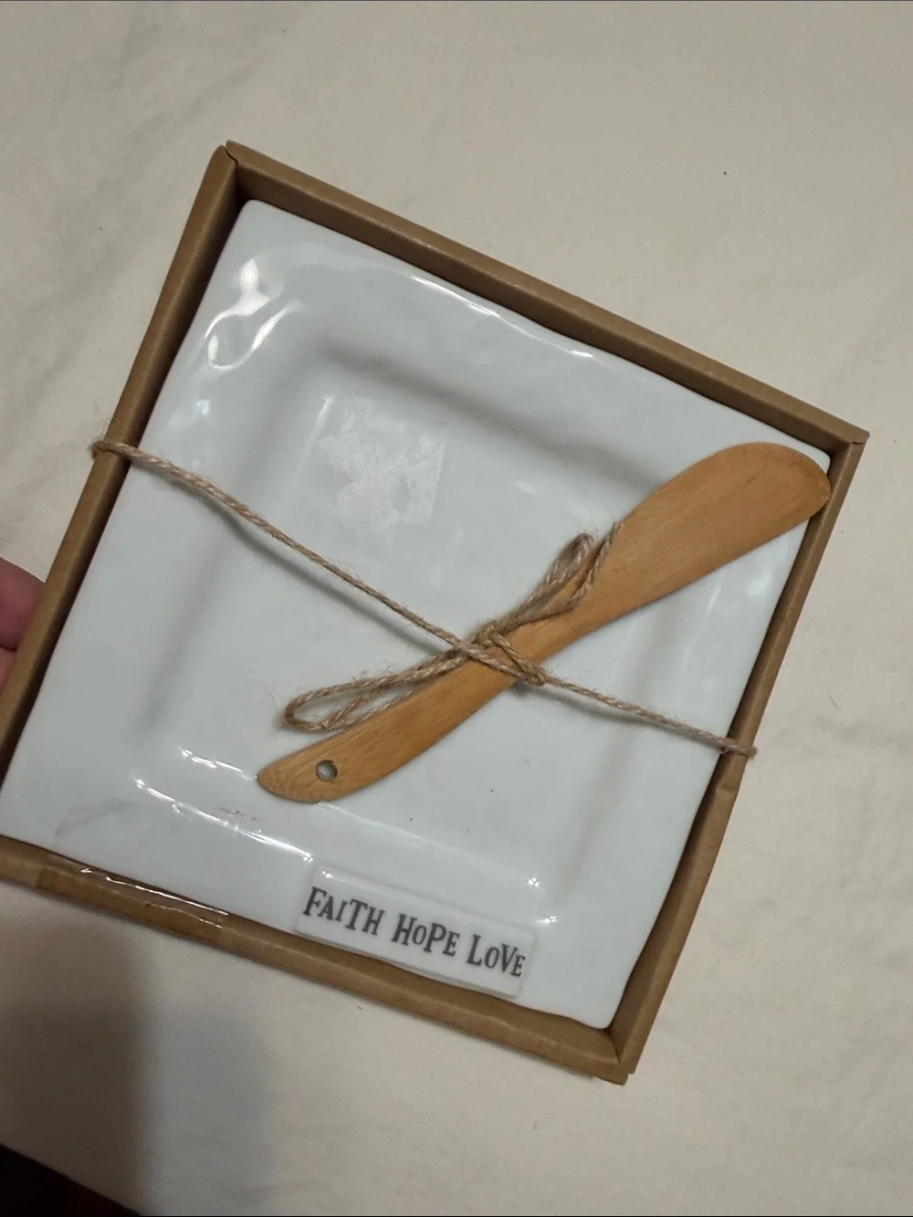 White Ceramic Snack Plate with 'Faith Hope Love' and Wooden Spreader